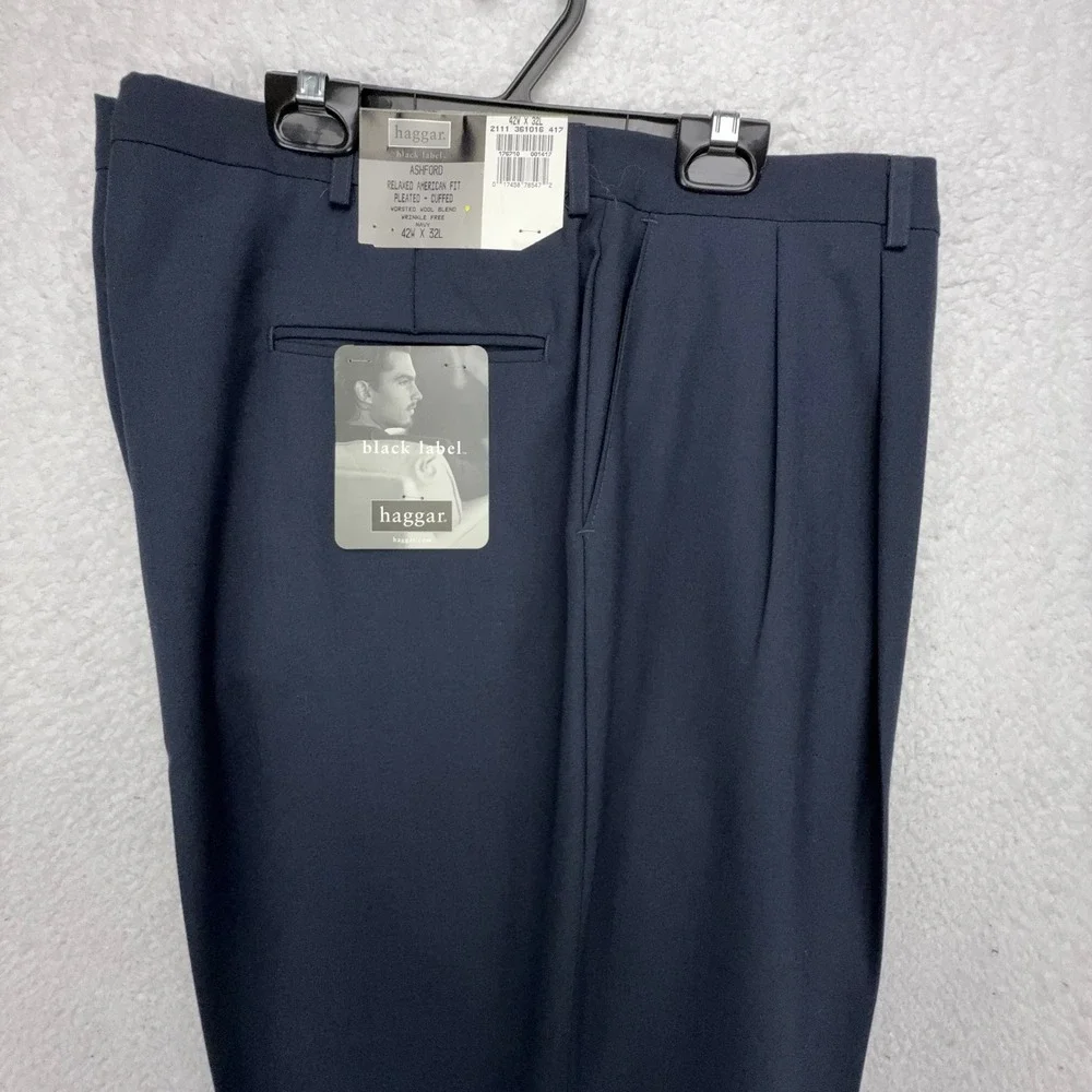 Haggar Black Label Ashford Navy Pleated Cuffed‎ Dress Pants 42x32 Wool Blend NEW